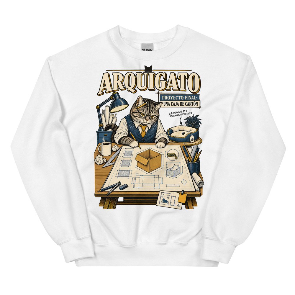 Sudadera gatos Arquigato en color blanco, vista plana