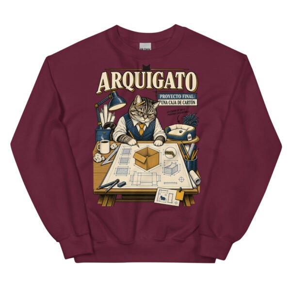 Sudadera gatos Arquigato en color granate, vista plana