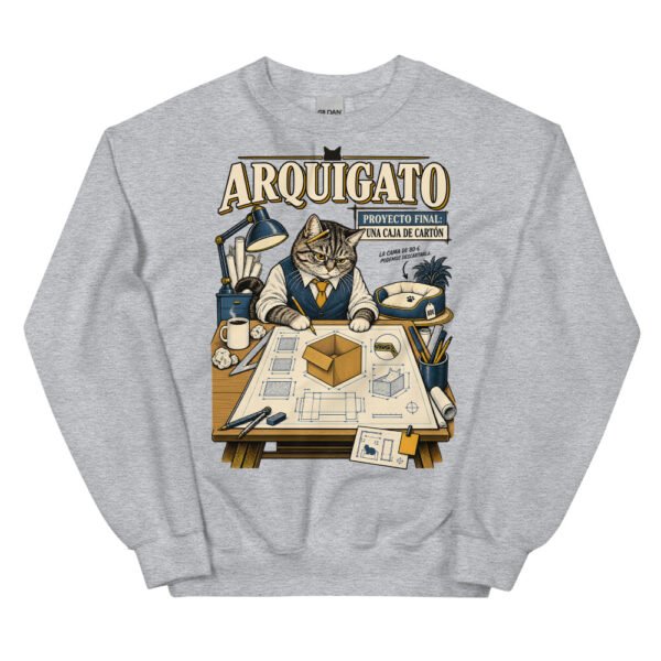 Sudadera gatos Arquigato en color gris deportivo, vista plana