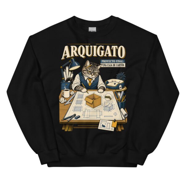Sudadera gatos Arquigato en color negro, vista plana