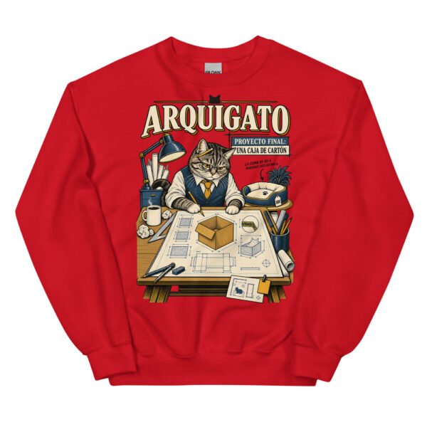 Sudadera gatos Arquigato en color rojo, vista plana