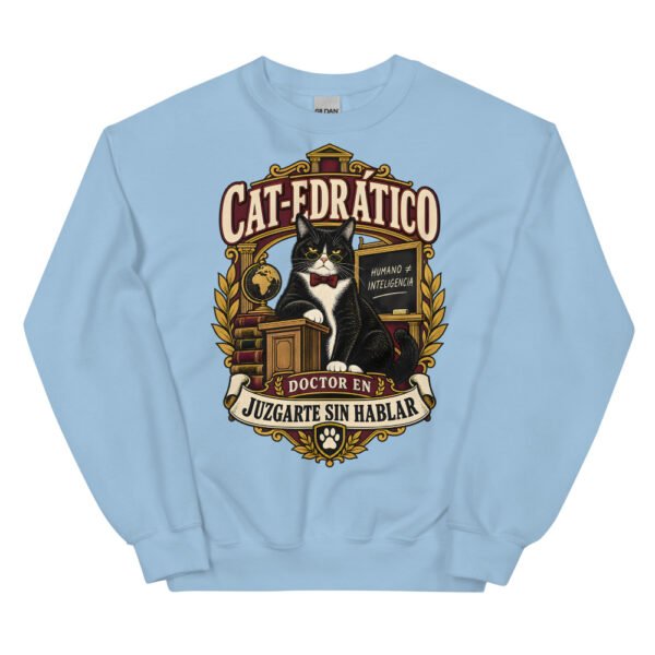 Sudadera gatos Cat-edrático en color azul claro, vista plana