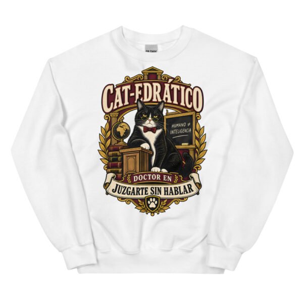 Sudadera gatos Cat-edrático en color blanco, vista plana