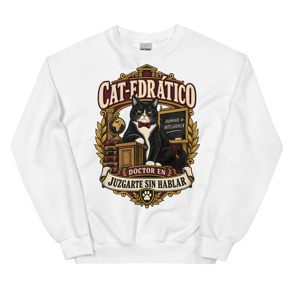 Sudadera gatos Cat-edrático en color blanco, vista plana