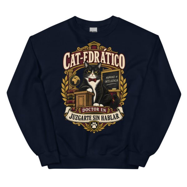 Sudadera gatos Cat-edrático en color marino, vista plana