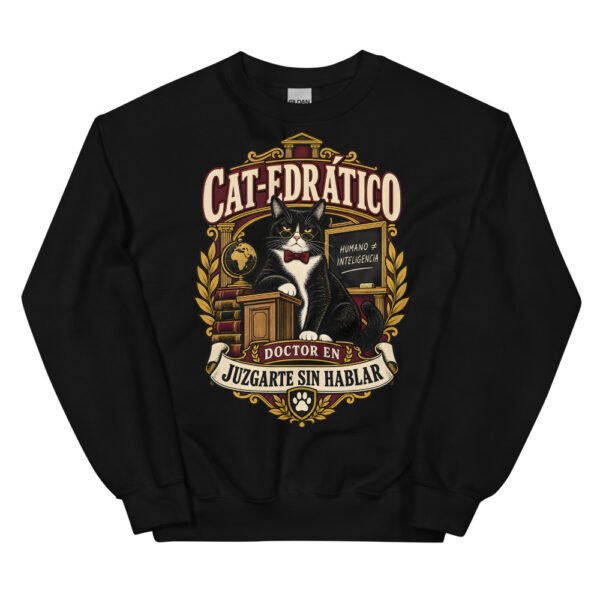 Sudadera gatos Cat-edrático en color negro, vista plana