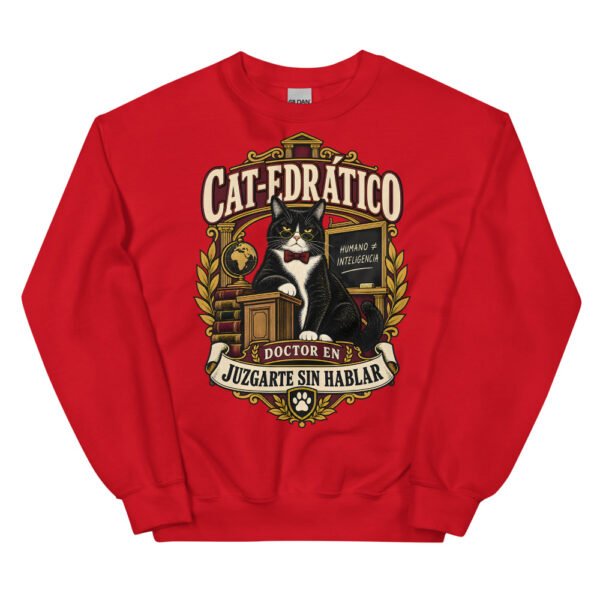 Sudadera gatos Cat-edrático en color rojo, vista plana