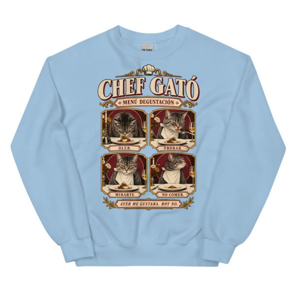 Sudadera gatos Chef Gató en color azul claro, vista plana