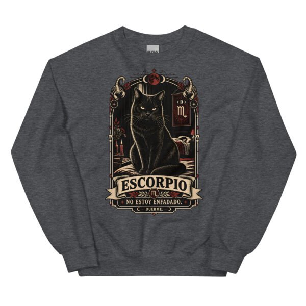 Sudadera gatos Escorpio en color oscuro jaspeado, vista plana