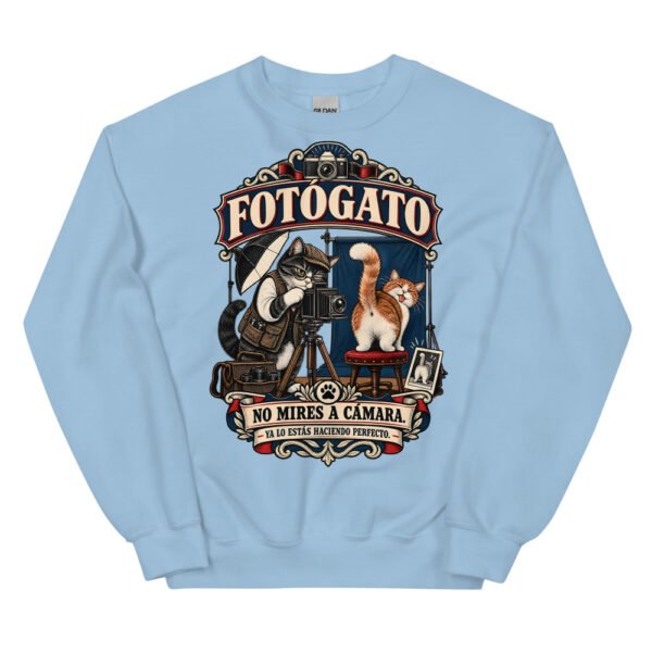Sudadera gatos Fotógato en color azul claro, vista plana