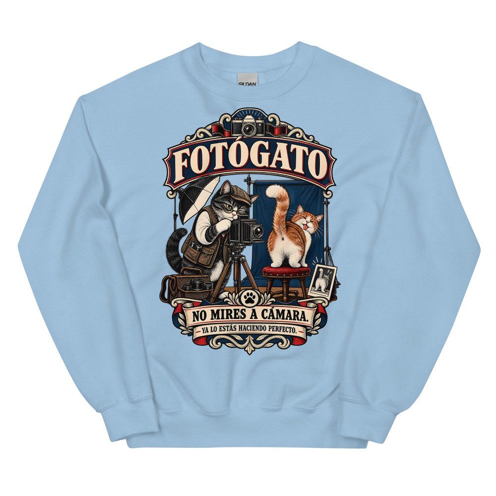 Sudadera gatos Fotógato en color azul claro, vista plana