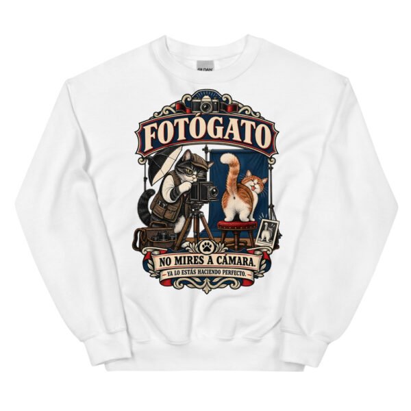 Sudadera gatos Fotógato en color blanco, vista plana