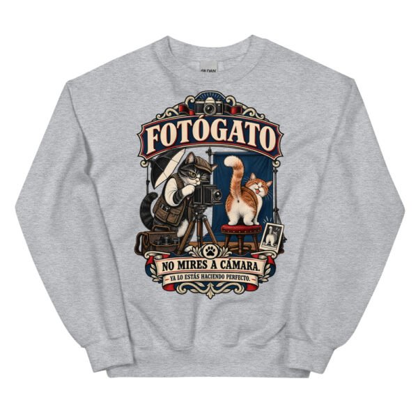 Sudadera gatos Fotógato en color gris deportivo, vista plana