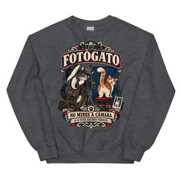 Sudadera gatos Fotógato en color oscuro jaspeado, vista plana