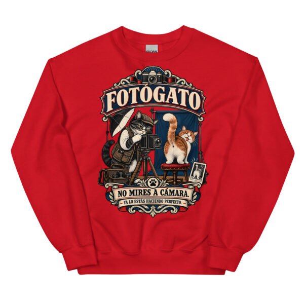 Sudadera gatos Fotógato en color rojo, vista plana