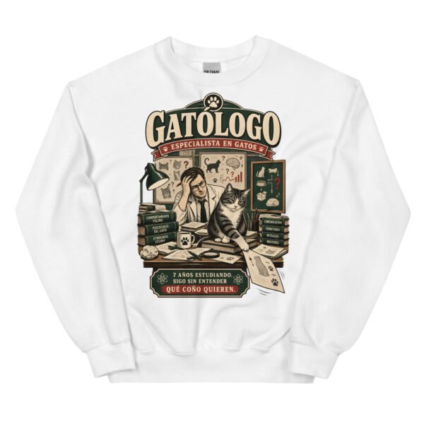 Sudadera gatos Gatólogo en color blanco, vista plana