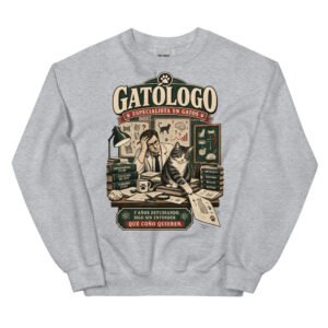Sudadera gatos Gatólogo en color gris deportivo, vista plana