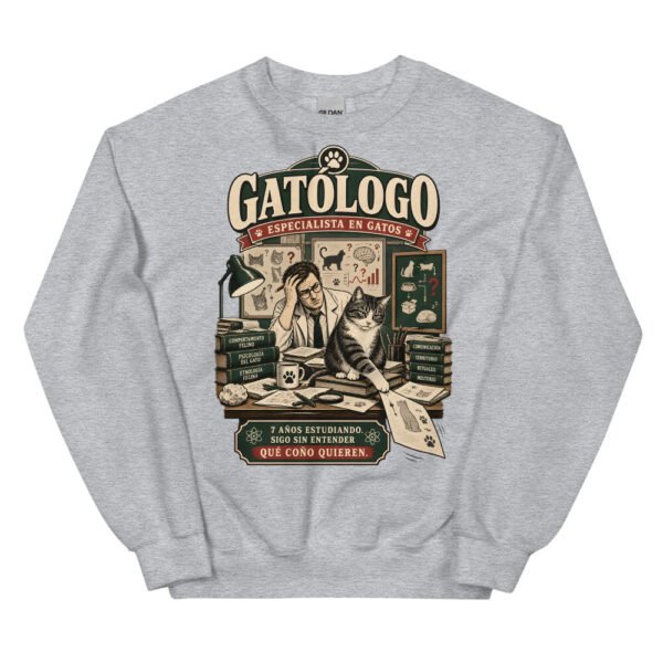 Sudadera gatos Gatólogo en color gris deportivo, vista plana