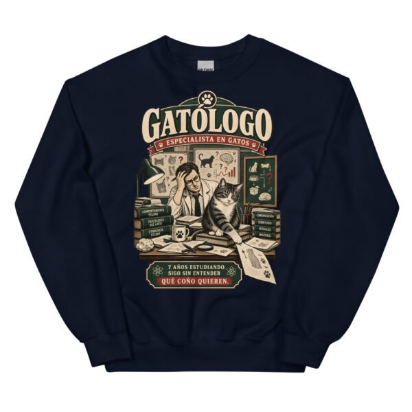 Sudadera gatos Gatólogo en color marino, vista plana