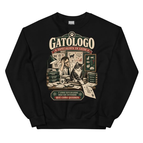 Sudadera gatos Gatólogo en color negro, vista plana