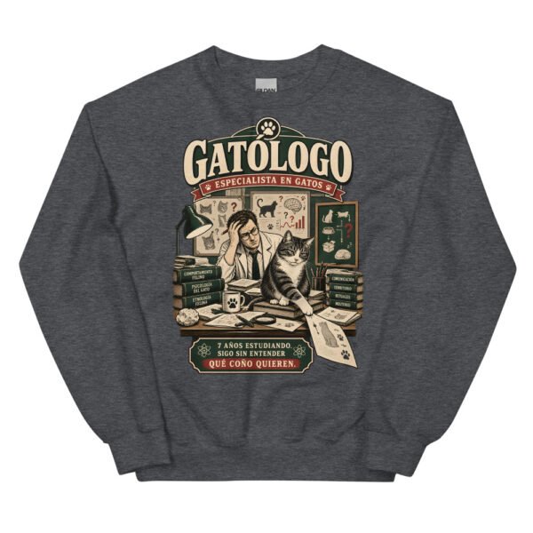 Sudadera gatos Gatólogo en color oscuro jaspeado, vista plana