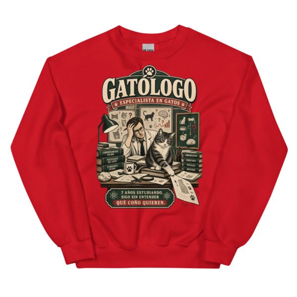 Sudadera gatos Gatólogo en color rojo, vista plana