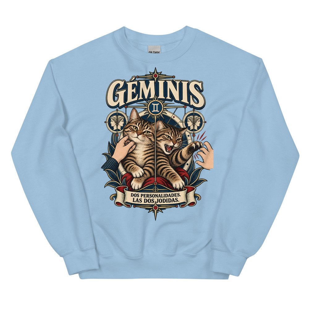 Sudadera gatos Géminis en color azul claro, vista plana