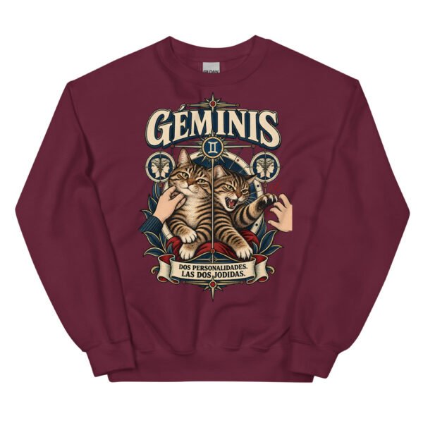 Sudadera gatos Géminis en color granate, vista plana