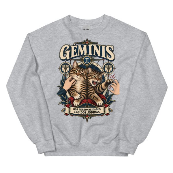 Sudadera gatos Géminis en color gris deportivo, vista plana