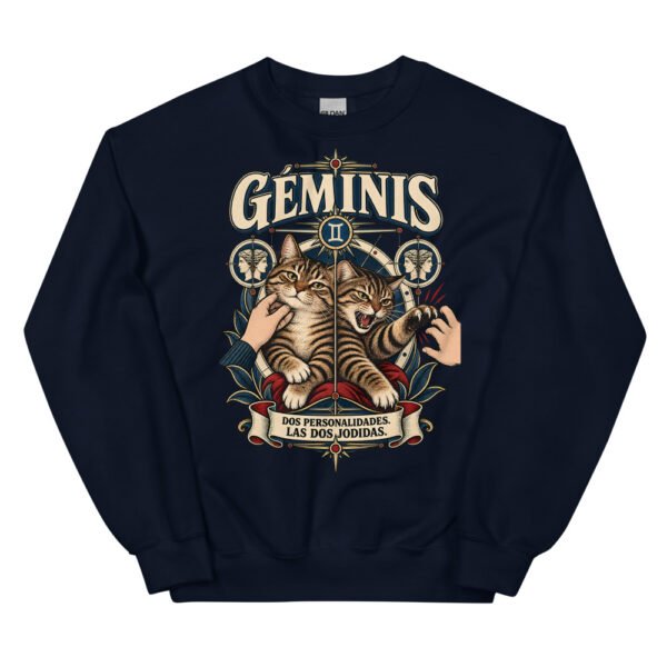 Sudadera gatos Géminis en color marino, vista plana