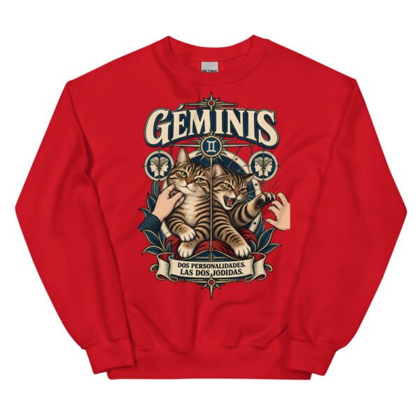 Sudadera gatos Géminis en color rojo, vista plana
