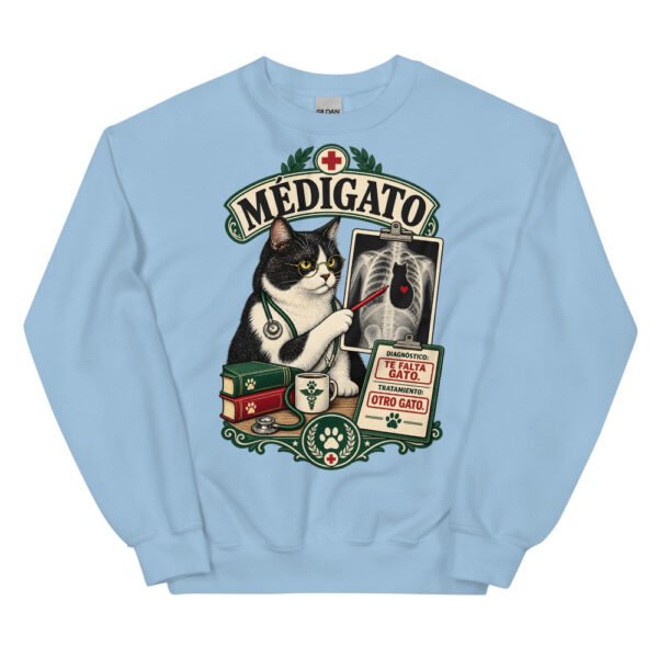 Sudadera gatos Médigato en color azul claro, vista plana