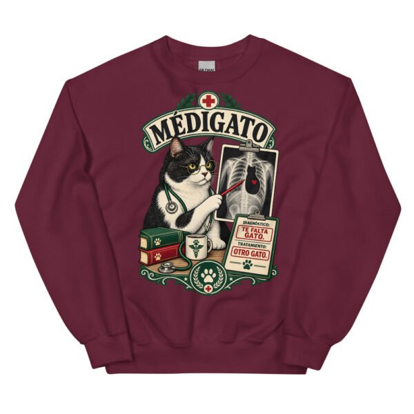 Sudadera gatos Médigato en color granate, vista plana
