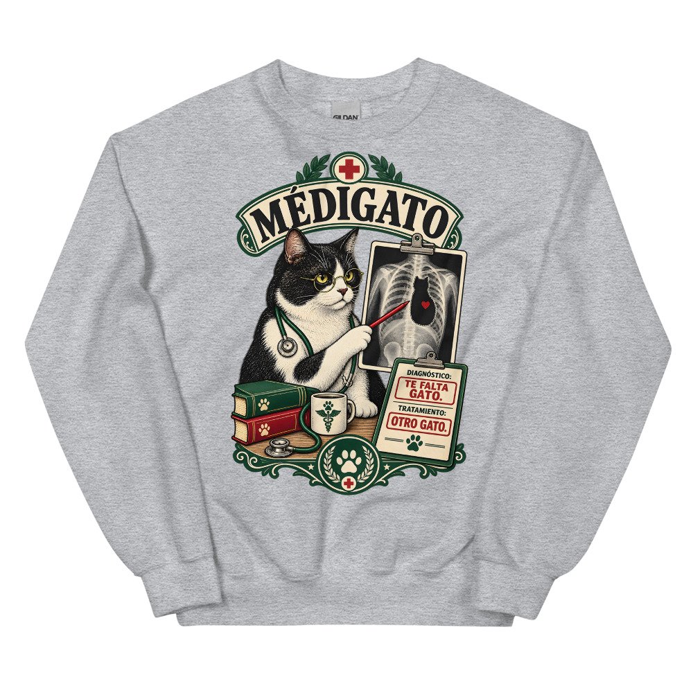 Sudadera gatos Médigato en color gris deportivo, vista plana