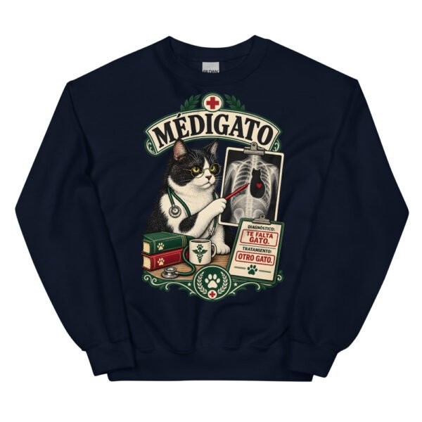 Sudadera gatos Médigato en color marino, vista plana
