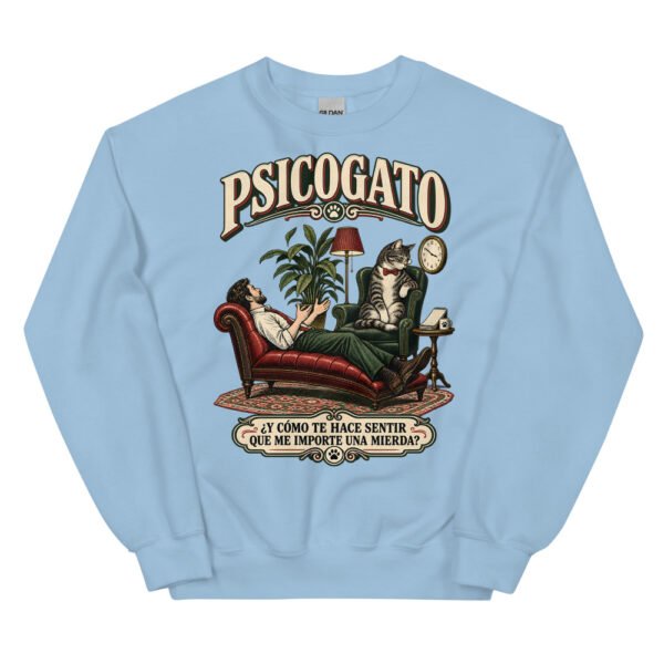 Sudadera gatos Psicogato en color azul claro, vista plana