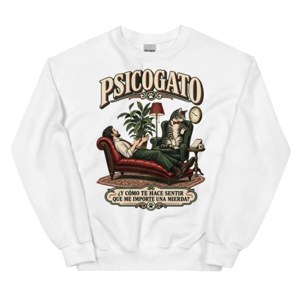 Sudadera gatos Psicogato en color blanco, vista plana