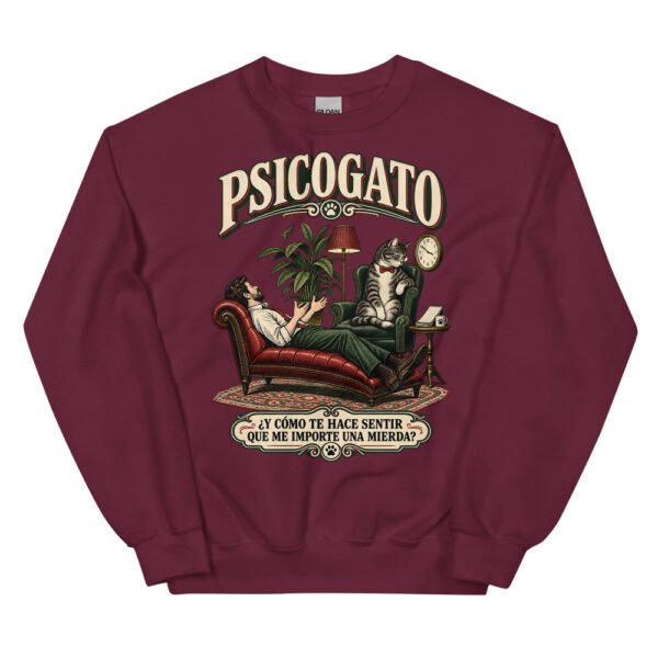 Sudadera gatos Psicogato en color granate, vista plana
