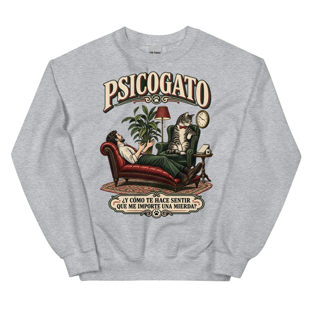 Sudadera gatos Psicogato en color gris deportivo, vista plana