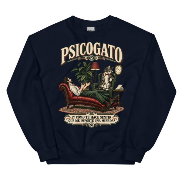 Sudadera gatos Psicogato en color marino, vista plana