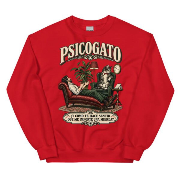 Sudadera gatos Psicogato en color rojo, vista plana